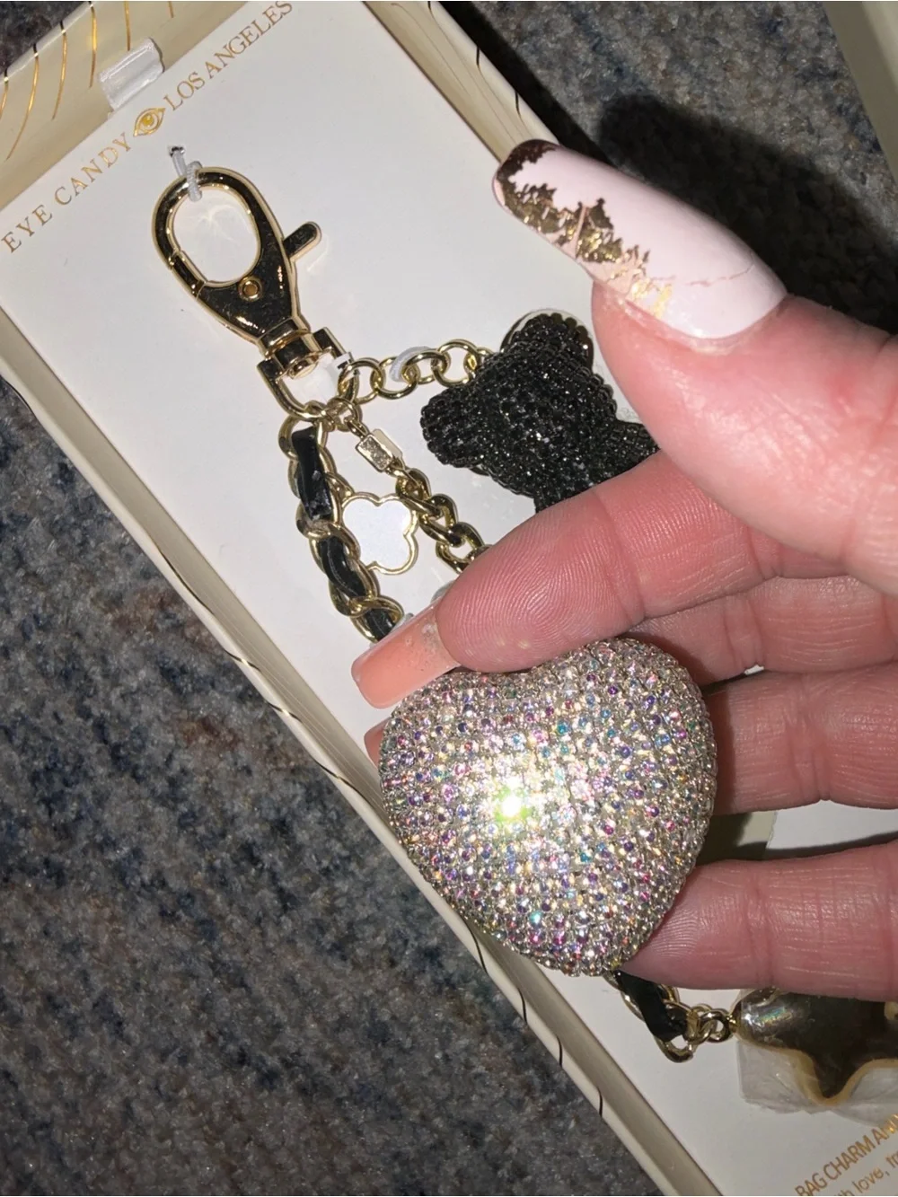 Eye Candy LA Gold Rhinestone Bear & AB Heart Handbag Charm New